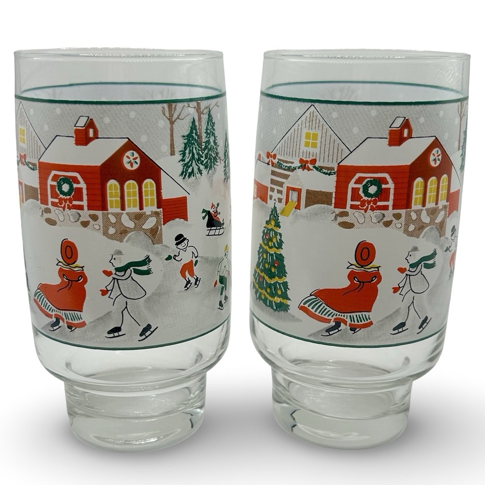 SET of TWO Sango Vintage‎ Silent Night 12 oz Glass Tumblers Christmas Holidays